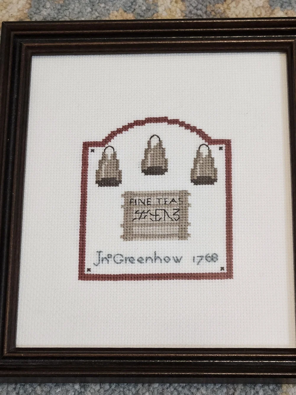 Framed Cross-Stitch Art Pair in Brown Frames - Neutral Tones